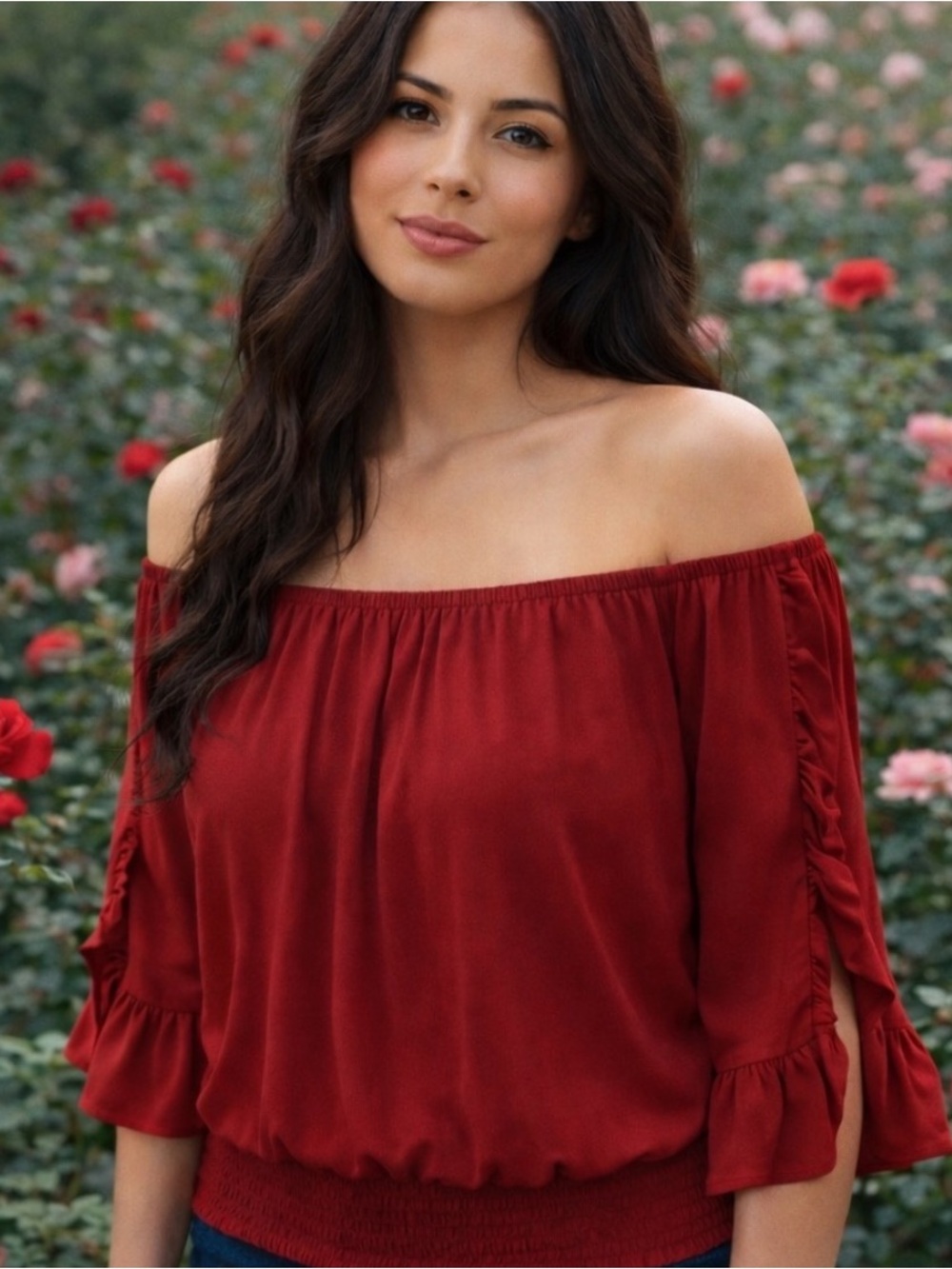 Living Doll Red Off Shoulder Boho Peasant Blouse Small